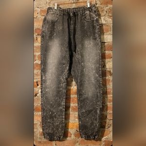 VICTORIOUS ACID WASHED DROP CROTCH JOGGER DRAWSTRING JEANS SZ MED 39" STRETCHED